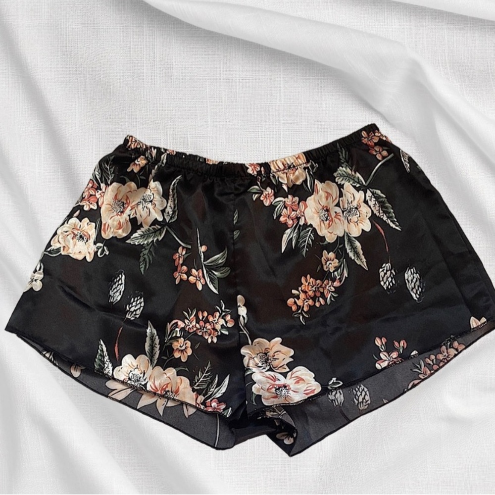Floral Black Satin Shorts